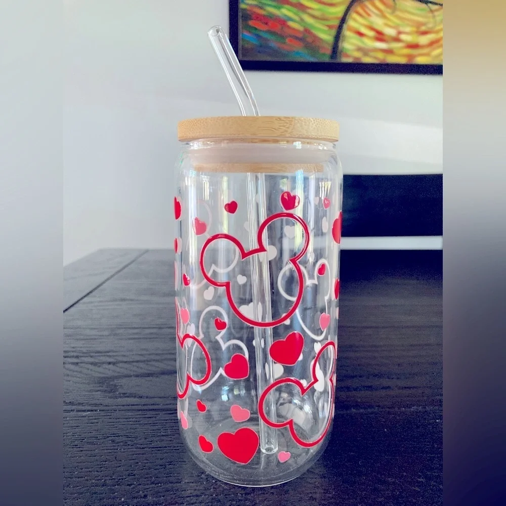 💝 Handcrafted Mickey Mouse heart shaped ears glass tumbler